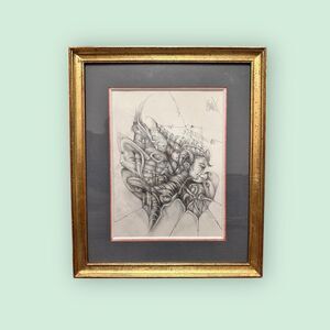 Signed Surrealist Pencil Drawing: Dreamscape Art, Loire Valley France